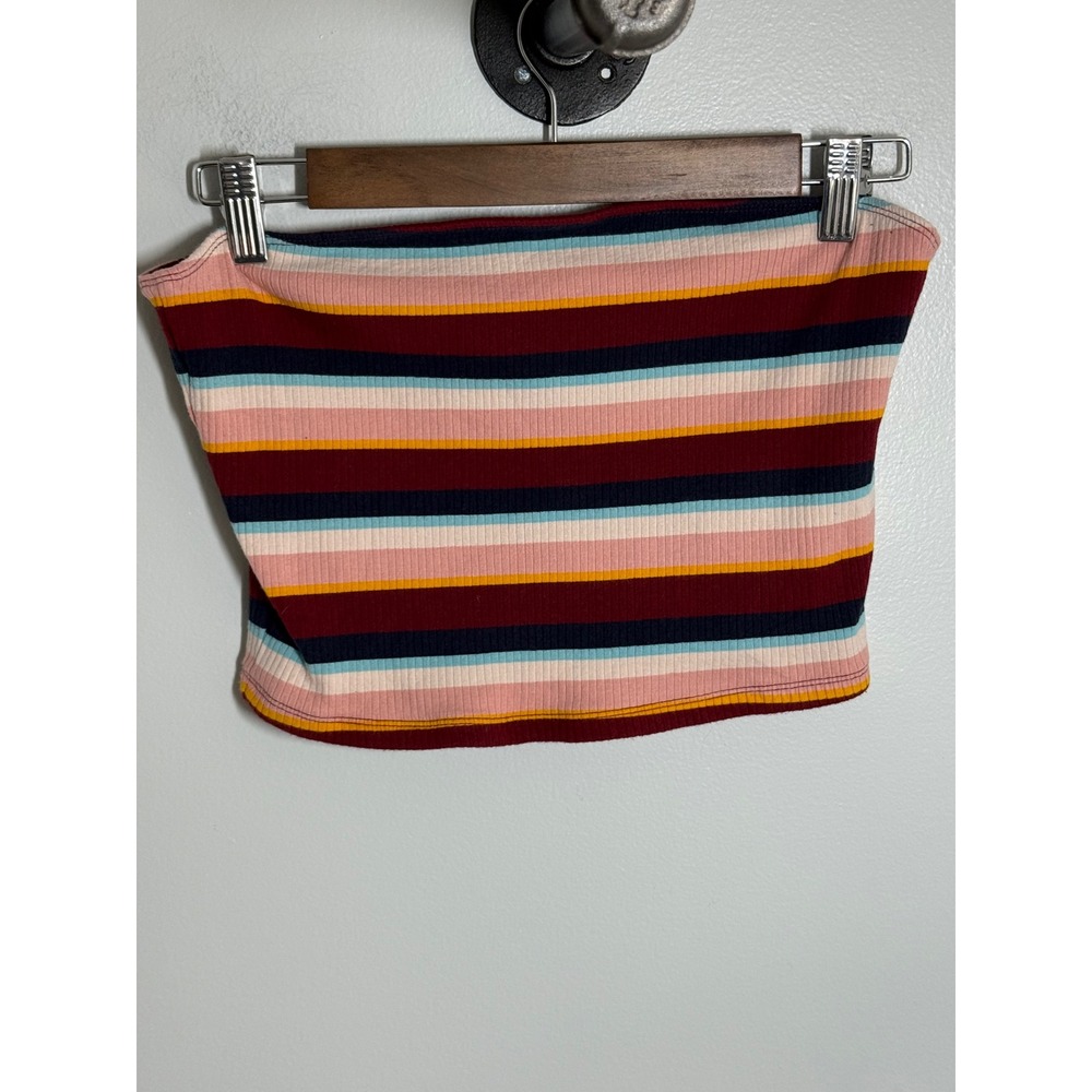 Hollister California Womens Large Striped Ribbed Tube Top Burgundy Pink Blue L